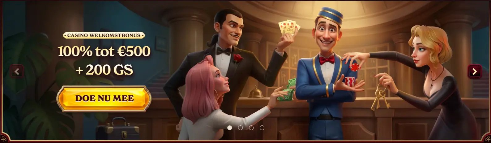 Casoola Casino Welkomstbonus Banner Casoola casino welkomstbonus banner met animatiefiguren in een hotellobby en de tekst 100% tot €500 plus 200 gratisspins